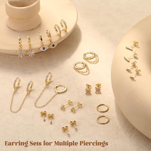 IRONBOX 12Pairs 14K Gold Plated Huggie Hoop Studs Earrings Set for Women Small Dainty Minimalist Chain Earrings Cartilage CZ Ball Earring Sets for Multiple Piercing3
