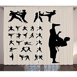 YUANCHENG Cortinas de Taekwondo, Siluetas de Artes Marciales, Actividades Profesionales de pasatiempo, impresión, Sala de Estar, Dormitorio, Ventana, Cortinas, Beige, Negro