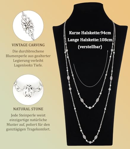 Dazylleco Silber Lange Perlenkette Damen Halskette Statement Lang Doppelsträngige Modeschmuck Muttertagsgeschenk für Mama(Metal)