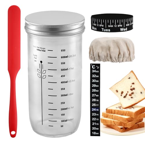 volumoon Kit de Inicio de Masa Madre, 730ml(24oz) Tarro Fermentación de Vidrio con Banda de Alimentación de Fechas, Termómetro, Cubierta de Tela, Raspador, Tapa, Frasco para Levadura para Pan
