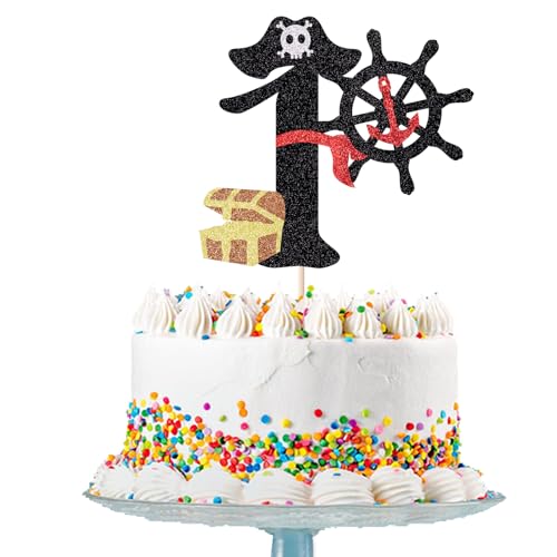 Pirate Happy 1st Birthday Cake Topper,Treasure Chest Cake Decoration，Pirate Party & Kids Birthday Cake Decoration