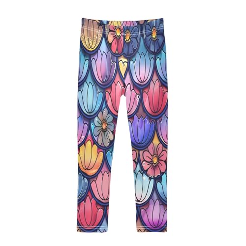 Toddler Girls Leggings Printed Yoga Pants Leggings Fantasy Mermaid Scale with Many Flowers for Kids