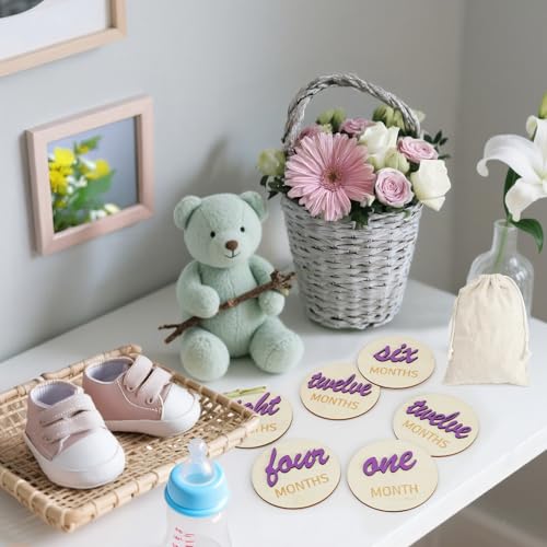 Image of LIOUCDB 3D Baby Monthly Milestone Cards Sign, 6 Pack Double Sided Baby Announcement Sign, Newborn Photography Props, 1-12 Months Milestone Wooden Circles for Boy and Girl