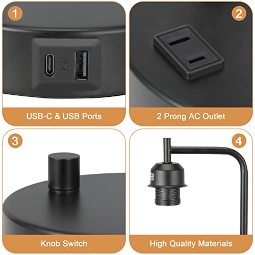 Industrial Bedside Table Lamp for Bedroom - Nightstand Lamps with USB C Charging Port, Fully Dimmable Black Ports and Outlets, Small Desk Glass Shade Office Living Room by Innqoo - Image 6