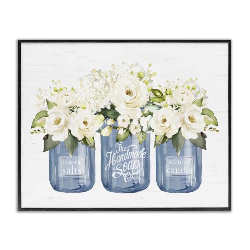 Stupell Industries White Rose Flower Bouquets Blue Farmhouse Jars, Design by Lettered and Lined, Black Framed, 30 x 24