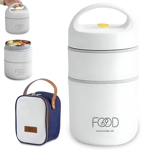 Lonchera semi termo para dos comida (660 ml) (blanca). Recipiente semi térmico adecuada para llevar comidas sin BPA con bolsa aislante de transporte para la comida del niño o adulto.