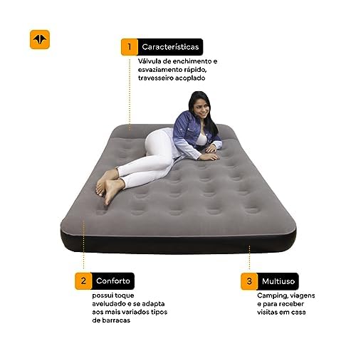 NTK, Colchão inflável Star de Casal sem Molas com Válvula de Enchimento e Travesseiro Embutido, Pret