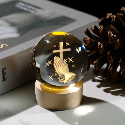 Arikyrist 3D Cross Crystal Ball Figurine with Wooden Light Base, Laser Engraved Praying Hands Religious Gifts for Women Men, Christian Gifts Crystal Cross Night Light Home Decor
