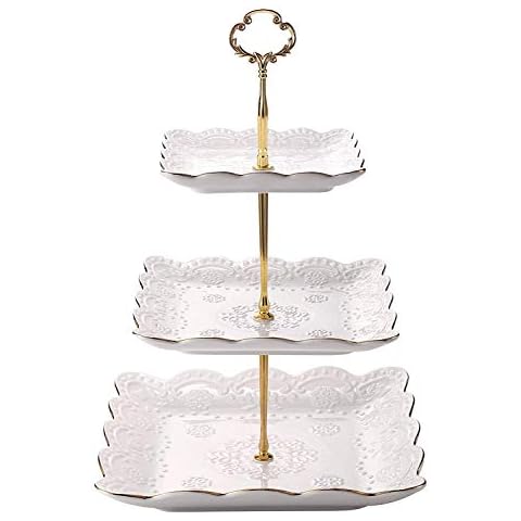 EAMATE 3-Tier Square Ceramic Cupcake Stand, High Tea Stand for Party or Holiday Hosting (with Gold Edge) Cover