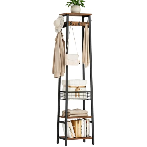 Cerlyunzan Coat Rack Freestanding, Coat Stand with Metal Basket and Storage Shelves, Hall Tree Free Standing with and 7 Hooks, Clothes Rack Stand Organizer, Rustic Brown and Black