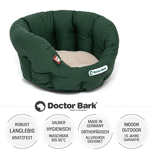 Doctor Bark - Hundebett rund - kuscheliger Hundekorb kleine Hunde mit orthopädischem Wendekissen und ToyBone - Waschbar bis 95°C - Made in Germany (S - 40x35 cm, Grün/Beige)