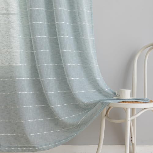 Conkov Blue Curtains 84 Inches Long Faux Linen Boho Embroiderd Striped Sheer Curtains with White Dots for Living Room,Light Filtering Soft Airy Curtain for Bedroom Cottage,52" W X 84" L Sky Blue by Conkov - Used condition - US$16.43