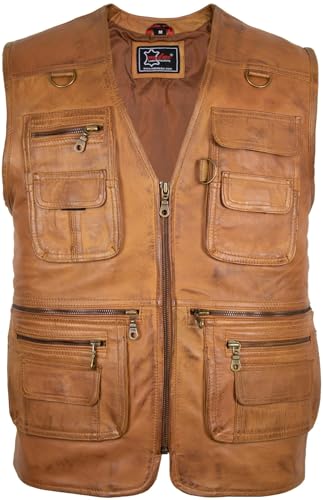 MDM Chaleco de cuero nappa de cordero auténtico para hombre, suave y ligero, con múltiples bolsillos, caza y ocio, Liso/Velourlederoptik (FR/ES, Letras, XXL, Regular, Regular, Marrón liso)