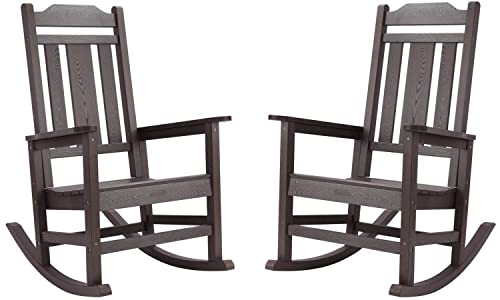 Patio Rocking Chair Set Of 2, All Weather Resistant Outdoor Indoor Fade-Resistant Patio Rocker Chair，Stable Durable Smooth Rocking, Comfortable Easy To Maintain, Load Bearing 350 Lbs - Dark Brown #TOP21