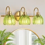 UnicozoHome Bathroom Light Fixtures (3-Light, 20 Inch), Brushed Gold Vanity Lights for Bathroom with Ribbed Green Tulip Glass Shade, Vintage Vanity Wall Lights for Mirror Bedroom Living Room Hallway