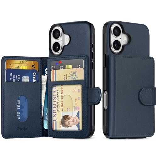 SHIELDON Case for iPhone 16 6.1" 2024, Genuine Leather Non-Detachable Magnetic Card Wallet Holder with 6 Card Slots, Slim Shockproof Phone Cover Compatible with iPhone 16 5G - Nappa Navy Blue by SHIELDON - Used condition - US$9.60