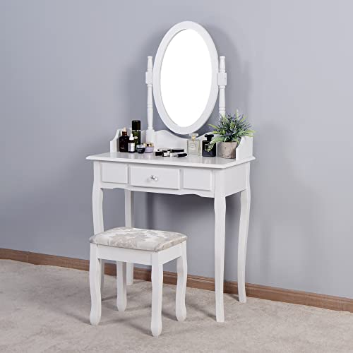 Binlingo Vanity Desk, Makeup Vanity Table With Rotatable Oval Mirror And Soft Cushioned Stool, Modern Vanity Set With Drawers, Wooden Make Up Table Dresser For Women Girls, White #TOP1