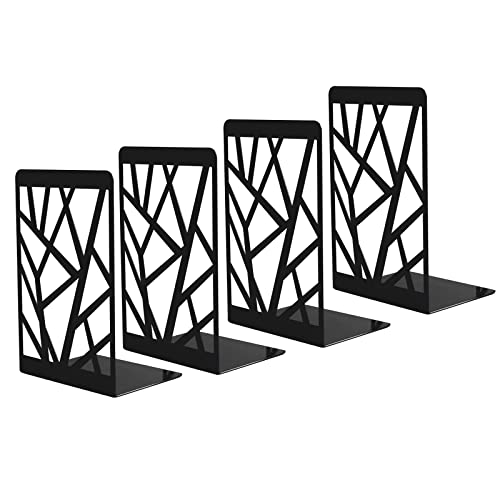 Coolnice Lot de 4 serre-livres en métal pour enfant Noir antidérapant et stable - 2 paires de serre-livres avec motif géométrique Cover