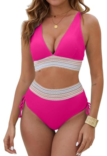 Yutdeng Conjunto Bikini Mujer Braga Alta Reductores Barriga Bikini Push Up con Relleno Cuello V Bañador Cinta Trenzada Correas Laterales Biquini Traje de Baño Mujer 2 Piezas Bañadores,Rosa,M
