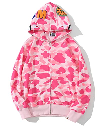 Shark Full Zip Up Hoodie, Camo Sweatshirt For Men Women, Hip Hop Cotton Zipper Hooded For Youth Teenagers