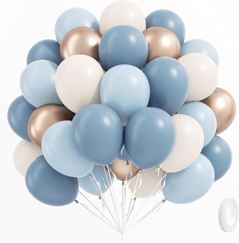 Image of 60pcs Dusty Blue Balloons, 12 Inch Dusty Blue Sand White Metallic Gold Balloons with Ribbon for Wedding Bridal Shower Birthday Party Baby Shower Decorations