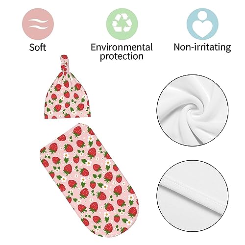 Image of Cartoon Strawberry Newborn Swaddle Blanket with Hat Sets Newborn Receiving Blanket for Boy Girl Swaddle Sack Shower Infant Gift