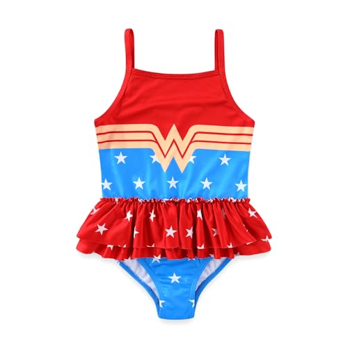 WARNER BROS Wonder Woman Girls Swimsuit UPF 50+ One Piece Bathing Suit for Toddler and Big Kids Red/Blue