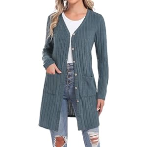 Aottori Strickjacke Damen Leichte Lang mit Taschen und Knöpfen Cardigan V-Ausschnitt Elegant Strickmantel Langarm Dünne Casual