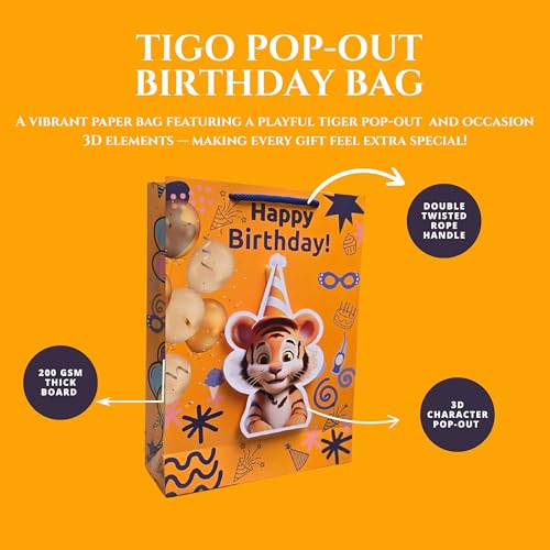 Image of TASCHE 3D Gift Bags for Return Gifts | Pop-Out Paper Bags for Kids Birthday, Baby Shower, Party Favors | 11x8x3 Inches (TIGER POP, Pack Of 40)