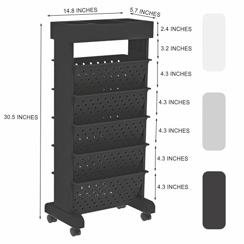 Image of 6 Tier Rolling Utility Cart Multi-Functional Movable Storage Book Shelves with Lockable Casters for Study Office Classroom, Black