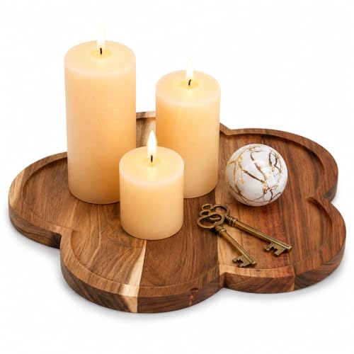 Gdfjiy 11.8" Acacia Wood Flower-Shaped Tray, Wooden Candle Tray, Decorative Candle Holder Candle Plate Jewelry Organizer, Farmhouse Serving Tray for Food, Drinks, Jewelry, Key, Vanity & Home Decor