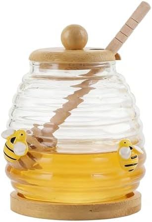 ZhouWei 500 ml Honey Jar with Honey Spoon and Lid, Transparent Honey Pot, Sealed Honey Container, Honey Dispenser, Small Honey Jars with Spoon, Honey Dispenser, for Serving Honey and Syrup