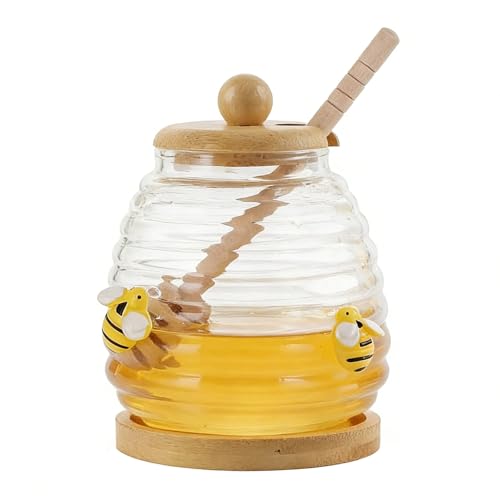 ZhouWei 500 ml Tarro para Miel de Cristal con Tapa de Madera Cuchara, Transparente Tarro Miel Dispensador Mielera Antigoteo Recipiente Bote Mielera, para Servir Miely Almíbar