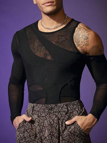 COZYEASE Men's Cold Shoulder Hollow Out Long Sleeve Mesh Tee Slim Fit Sheer Asymmetrical Neck T Shirt Clubwear3