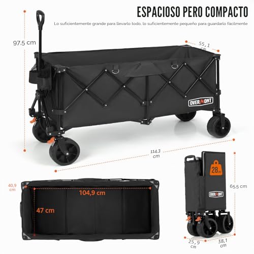 Miniatura 6 de Overmont Carro Playa Plegable - 114cm Carrito Camping Plegable Extendido Con Frenos - 300l 200kg Carro De Transporte Con Ruedas Grandes Todo Terreno - Carro Portátil Para Jardín Compras Al Aire Libre