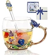 AISVELDY Flower Tea Cup,Butterfly Rose Clear Glass Fancy Coffee Mug with Spoon,Gift Box for Her M...
