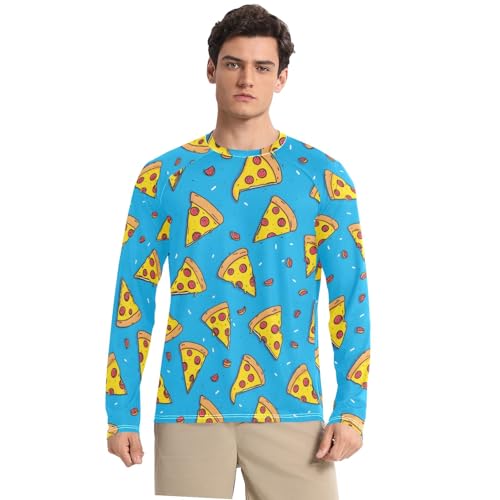 Bolaz Mens UV Protection Shirts Rash Guard Long Sleeve UPF 50+ Yellow Pizza Blue Quick Dry S