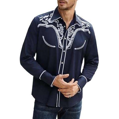 Daupanzees Men's Long Sleeve Embroidered Shirt Slim Fit Vintage Style Two Tone Casual Button Down Shirts(Navy Blue XXL) Cover