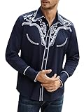 Daupanzees Men's Long Sleeve Embroidered Design Western Shirt Slim Fit Floral Print Casual Button Down Shirts(Navy Blue XL)