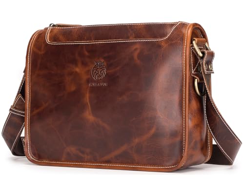 Leather Messenger Bag for Men Women Medium Satchel bag Retro Crossbody Shoulder bag Mens Purse Handbag