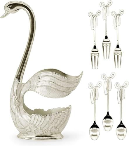 Set di 6 cucchiai da caffè, posate da dessert con supporto decorativo Swan Bottom Holder, cucchiaino da tè in acciaio inox a forma di cigno per caffè/dessert/cucchiaio da gelato/torta (argento 3