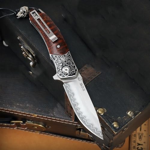 TABKER Damast Einhandmesser Hochwertiges Klappmesser, Outdoor Klappmesser Aus Hochwertigem Damaststahl Für Messerliebhaber Und Outdoor-Enthusiasten