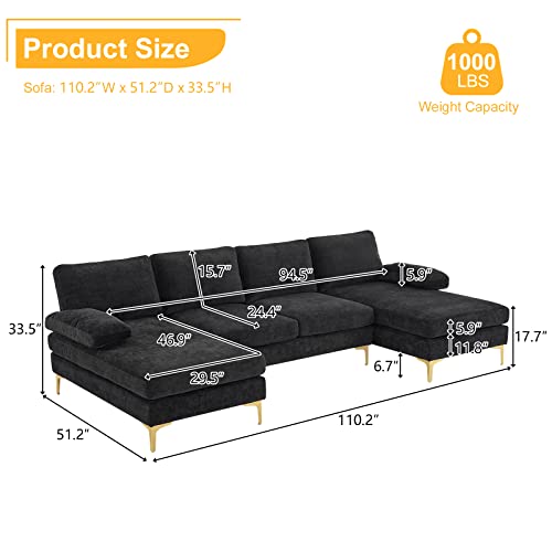 Vingli U-Shape Sectional Sofa,U Shaped Couch For Living Room,110" Modern Sectional Couch With Soft Chenille Fabric,Double Lounge Chaise,Metal Legs(Black) #TOP1