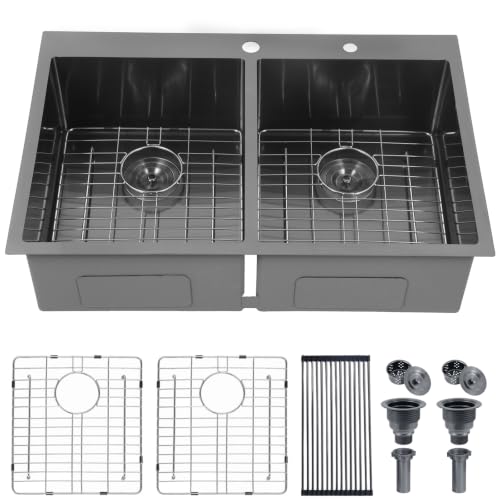 Image of SHACO 33x22 Inch 50 /50 Double Bowl Black Drop In Kitchen Sink, 33 Inch Gunmetal Black 16 Gauge Stainless Steel Top Mount Kitchen Sink with Grid and Accessories