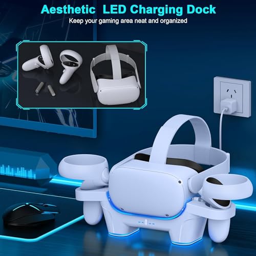 Image of Ant Esports VR Charger Station Compatible with Oculus /meta 3 Quest 3 / 3S, RGB Light Fast Charging Dock Replacement,Headset Display Stand and Controller Mount with 2 Rechargeable Batteries - White