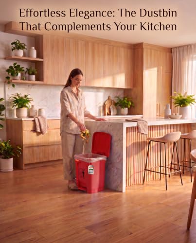 Image of pedal dustbin with lid, heavy duty plastic garbage bin, hands-free step-on waste bin for kitchen, office, home, hotel, bathroom & outdoor use (Mystic Red, 35 Liters)