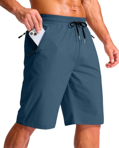 Men's 11" Swim Trunks with 3 Zipper Pockets Board Shorts,Dark Blue,L