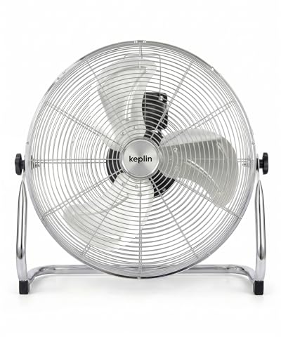 KEPLIN 20 Heavy Duty Chrome Floor Fan with 3 Speeds Adjustable Head Standing Metal Pedestal with Powerful Circulation Room Fan Ideal for Indoor & Outdoor Use Home Gym Office Garage