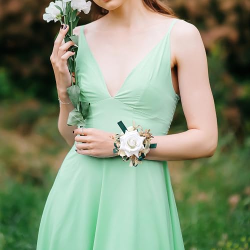 DESUNESS Ivory Rose Wrist Corsage Wristlet Band Bracelet and Men Boutonniere Set with Dark Green Ribbin for White Wedding Flower Accessories Prom Suit Decorations by DESUNESS - Used condition - Image 8