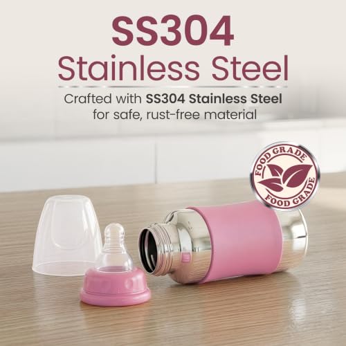 Image of LuvLap Baby Steel Feeding Bottle 140ml, Made of SS304 Rust Free Steel, Baby Milk /Water Bottle with Dust Cover, Heat Protective Silicone Cover, BPA Free, Odour Free, Leak Proof, Pink, 0M+